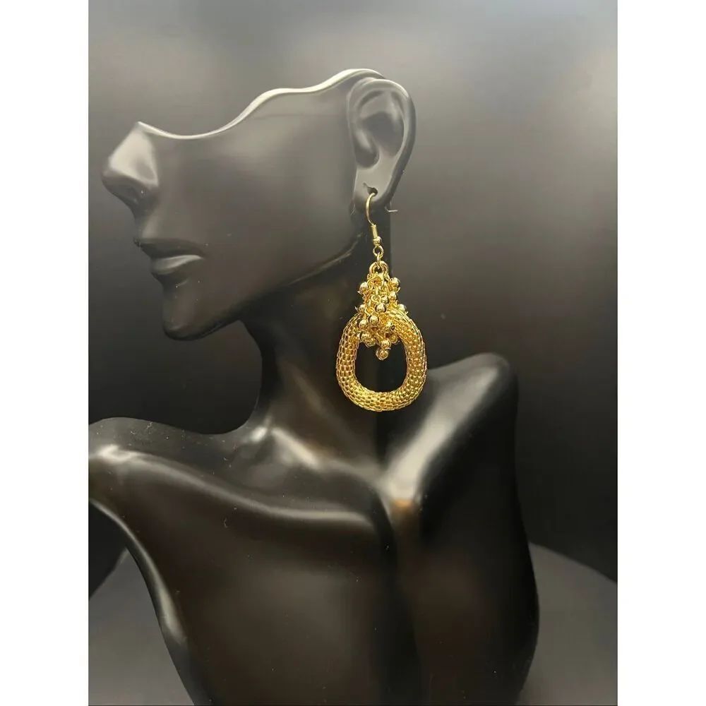Gold Tone Hollow Popcorn Mesh Hoop Cluster Metallic Beads Drop Earrings